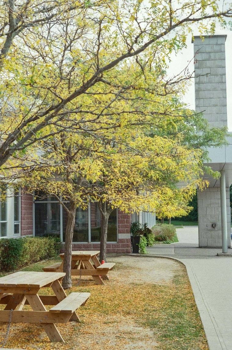 Campus dining patio outside a university building