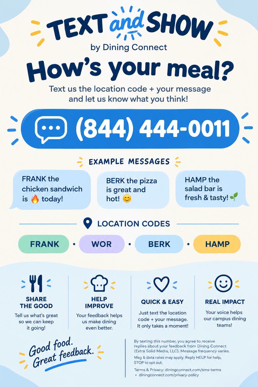 Text and Show sign: text the location code and your message to (844) 444-0011. Msg & data rates may apply. Reply HELP for help, STOP to opt out.